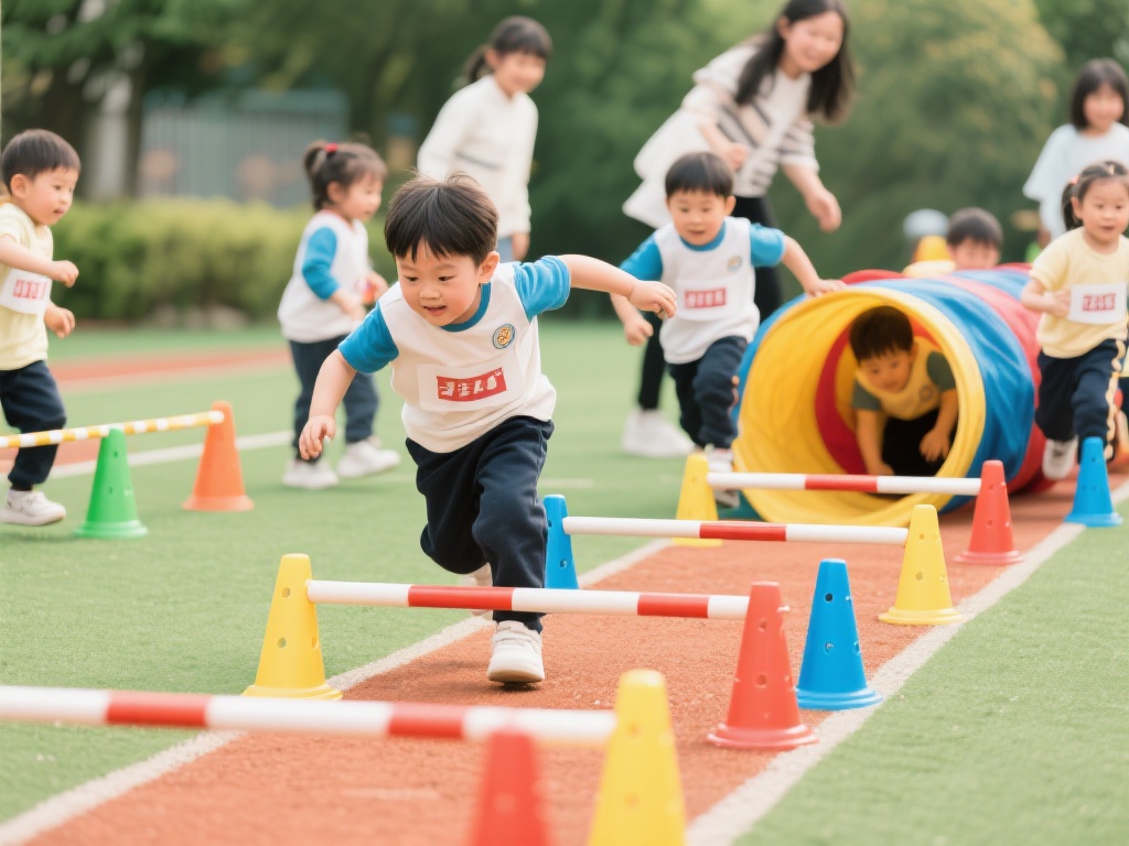 趣味障碍赛：设置一些简单的障碍物，如小跨栏、爬行隧